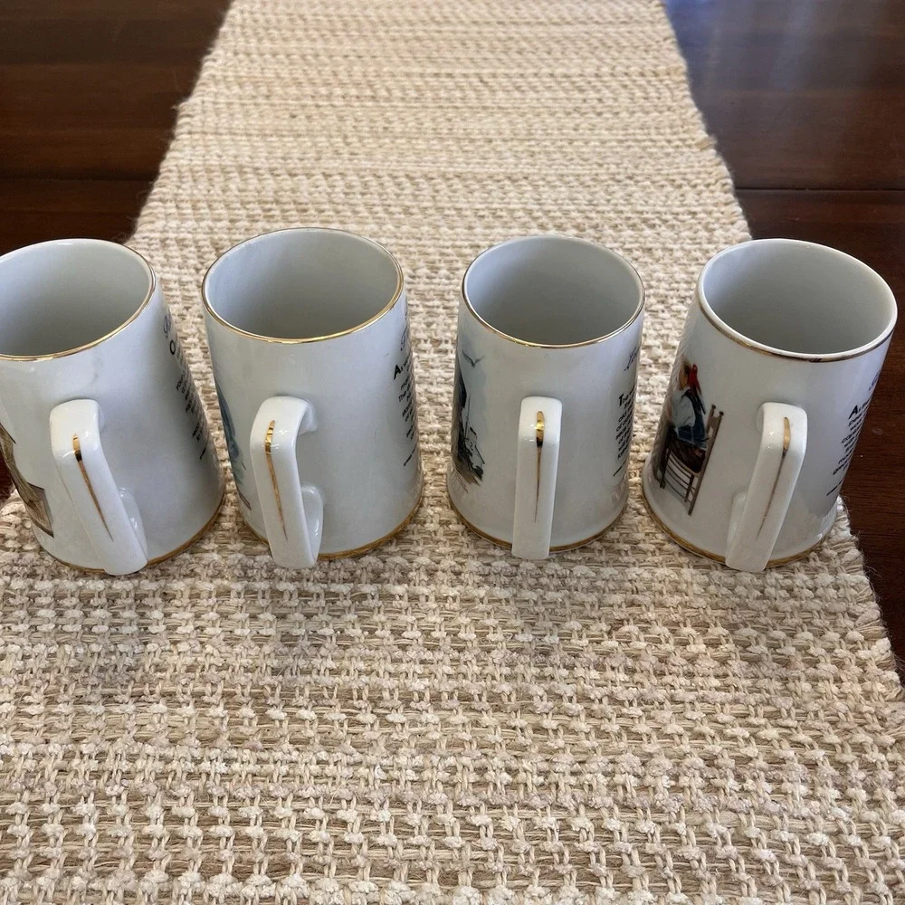 Norman Rockwell Coffee Mug set-Museum Series-Gold rim-Vintage Porcelain Set 4